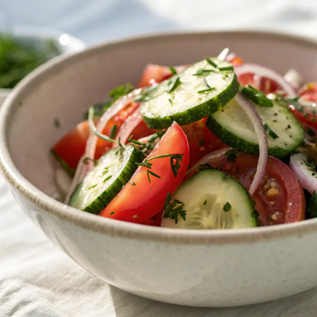 Cucumber tomato salad with herbs and light dressing in bowl