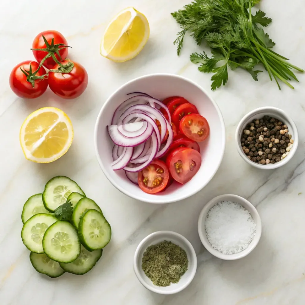 Flat lay of cucumbers, tomatoes, onion, lemon, and herbs