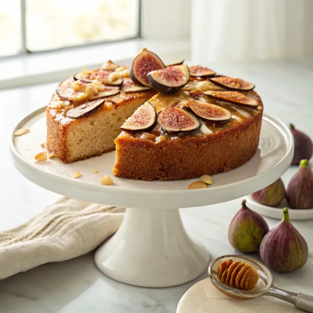 Homemade fig almond honey cake topped with fresh figs, sliced almonds, and a honey glaze on a cake stand.