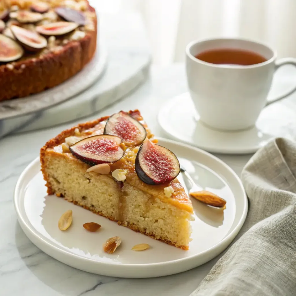 Fig almond honey cake - Naturally Sweet and Moist Autumn Dessert 8 Slice of fig almond honey cake served with fresh figs, honey, and a cup of tea.