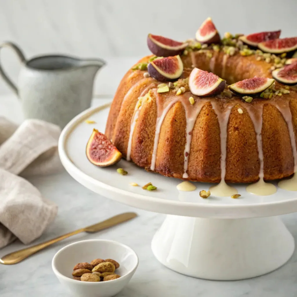 Home 8 Homemade fig honey Bundt cake drizzled with honey glaze and topped with fresh figs on a cake stand.