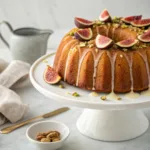 Homemade fig honey Bundt cake drizzled with honey glaze and topped with fresh figs on a cake stand.