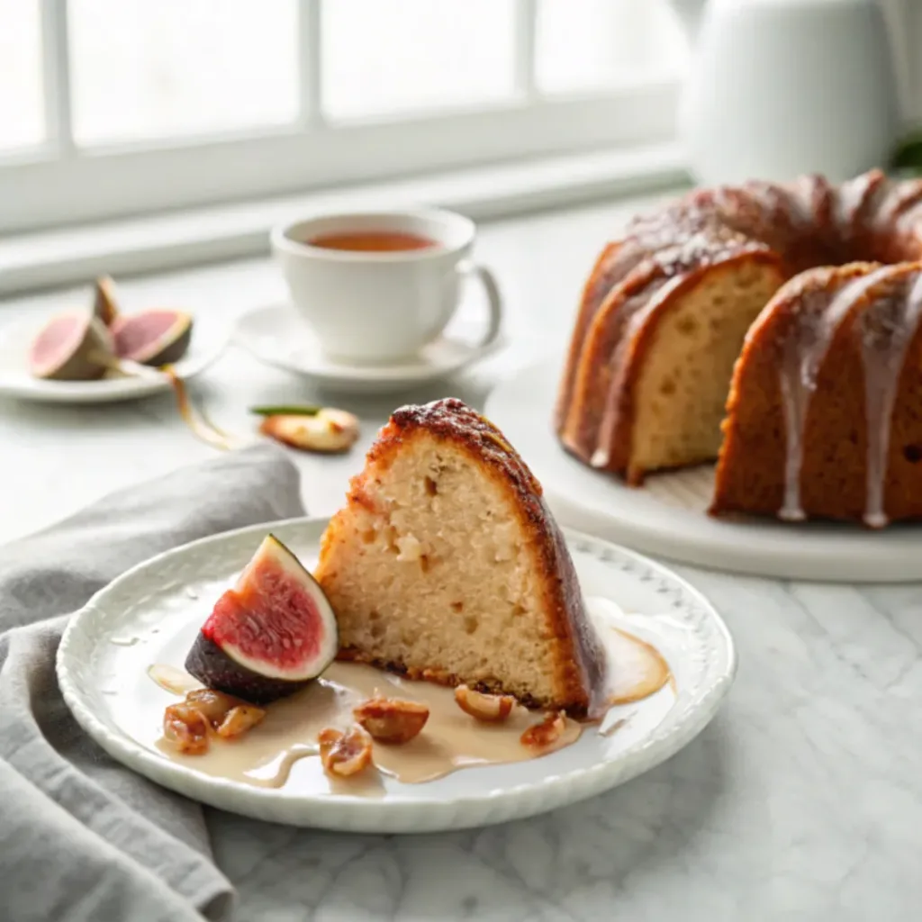 Fig Honey Bundt Cake - Moist and Spiced Autumn Centerpiece Dessert 7 Slice of fig honey Bundt cake served with fresh figs, honey, and a cup of tea.