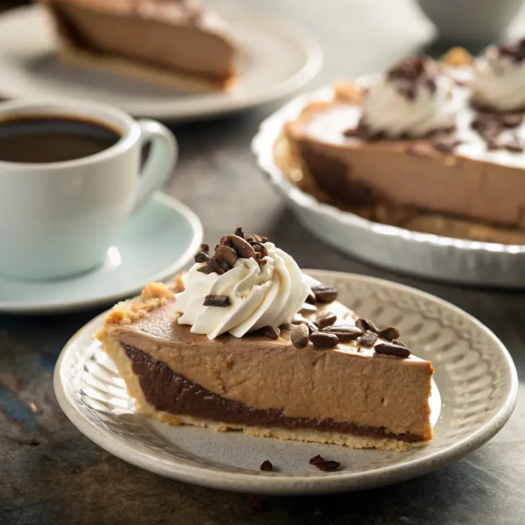 Slice of French silk pie served with coffee and whipped cream