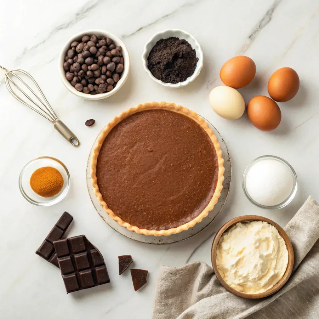 Flat lay of chocolate, eggs, butter, cream, and pie ingredients