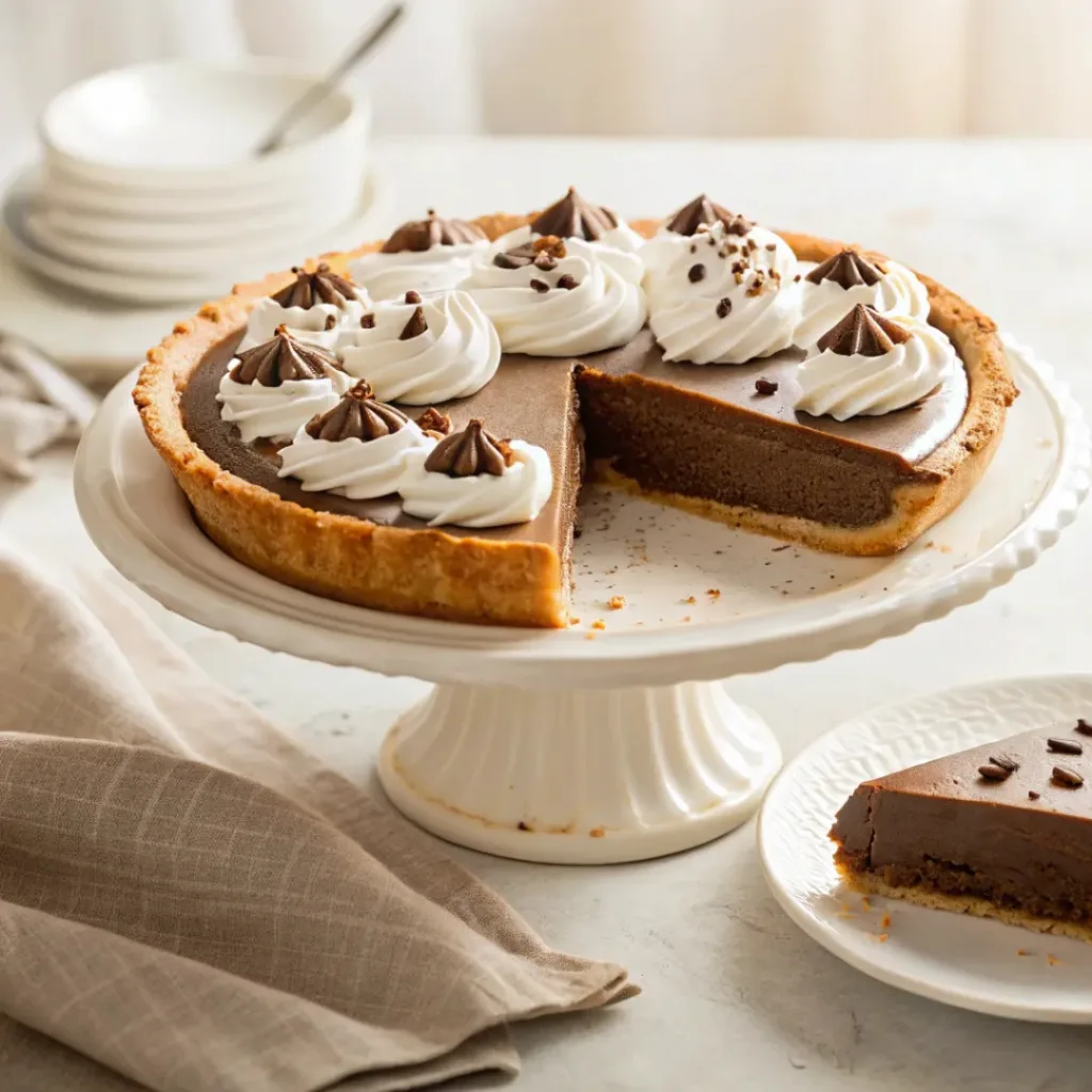 French silk pie with whipped cream and chocolate shavings
