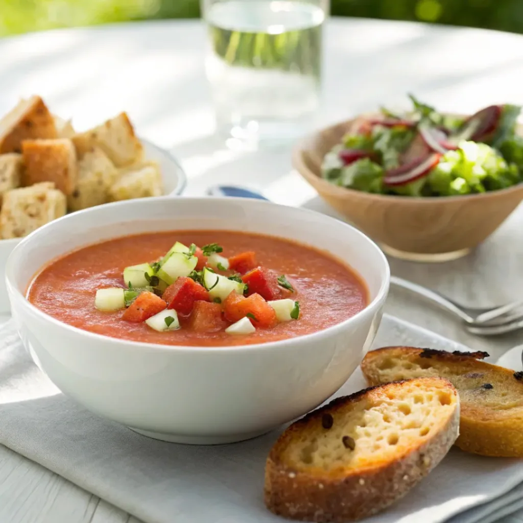 Gazpacho served with bread and fresh summer sides