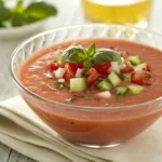 Gazpacho soup with diced vegetables and olive oil drizzle