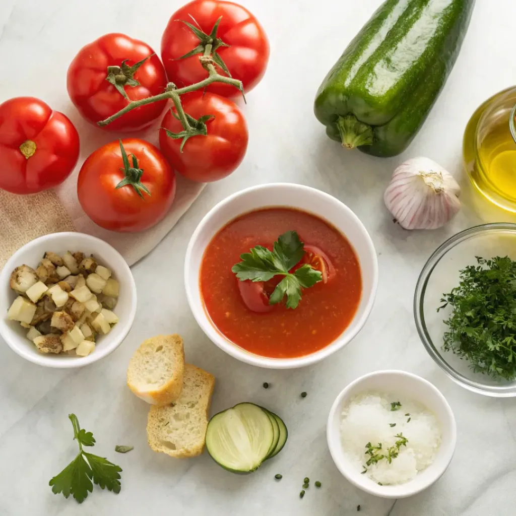 Flat lay of tomatoes, cucumber, pepper, garlic, and soup ingredients