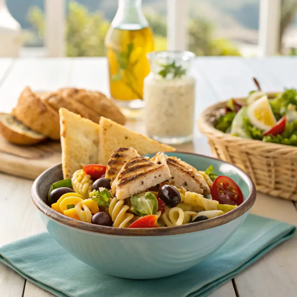 Greek pasta salad served with grilled chicken and pita bread