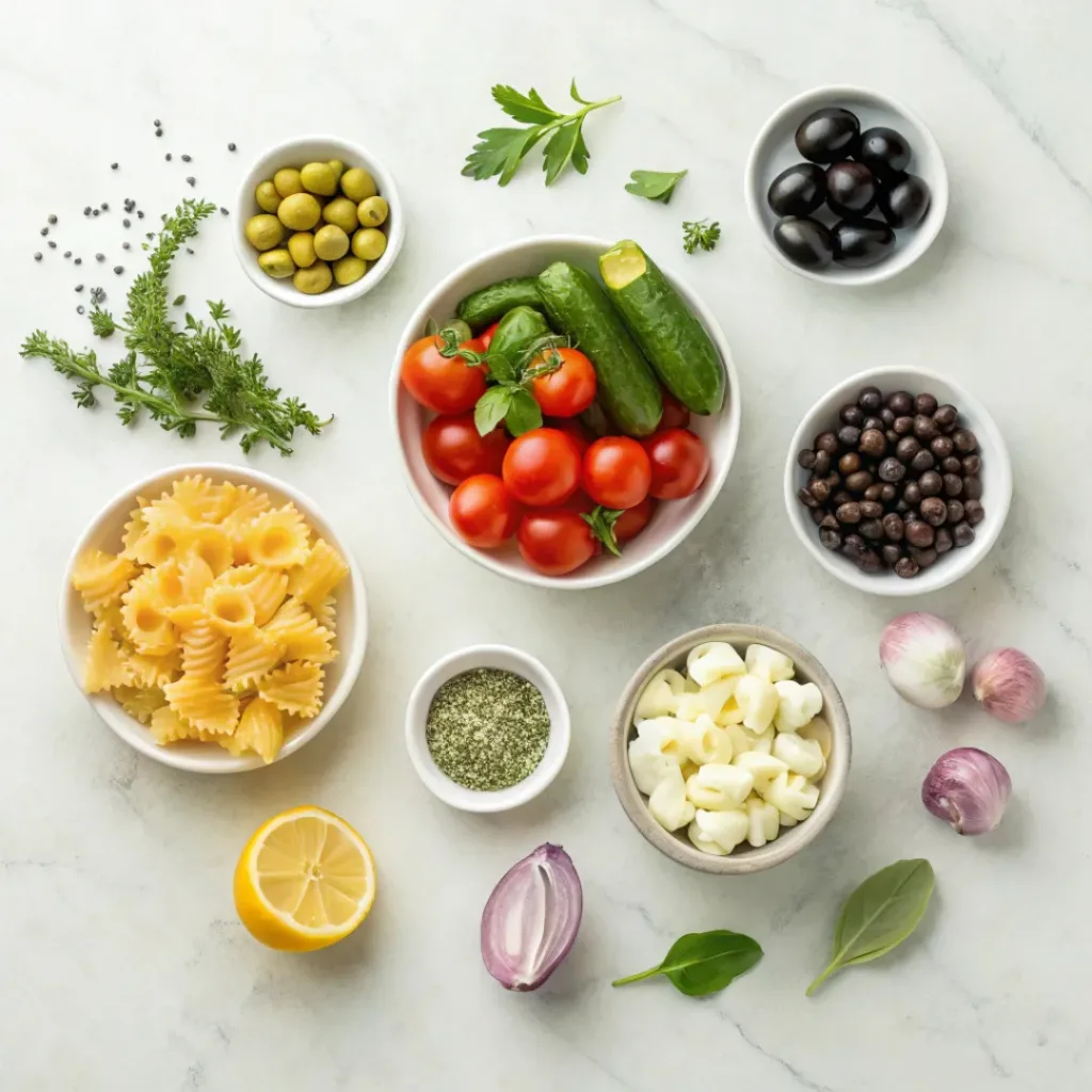 Flat lay of pasta, olives, feta, vegetables, and dressing ingredients