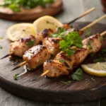Grilled chicken skewers with char marks, herbs, and lemon served on rustic wooden board