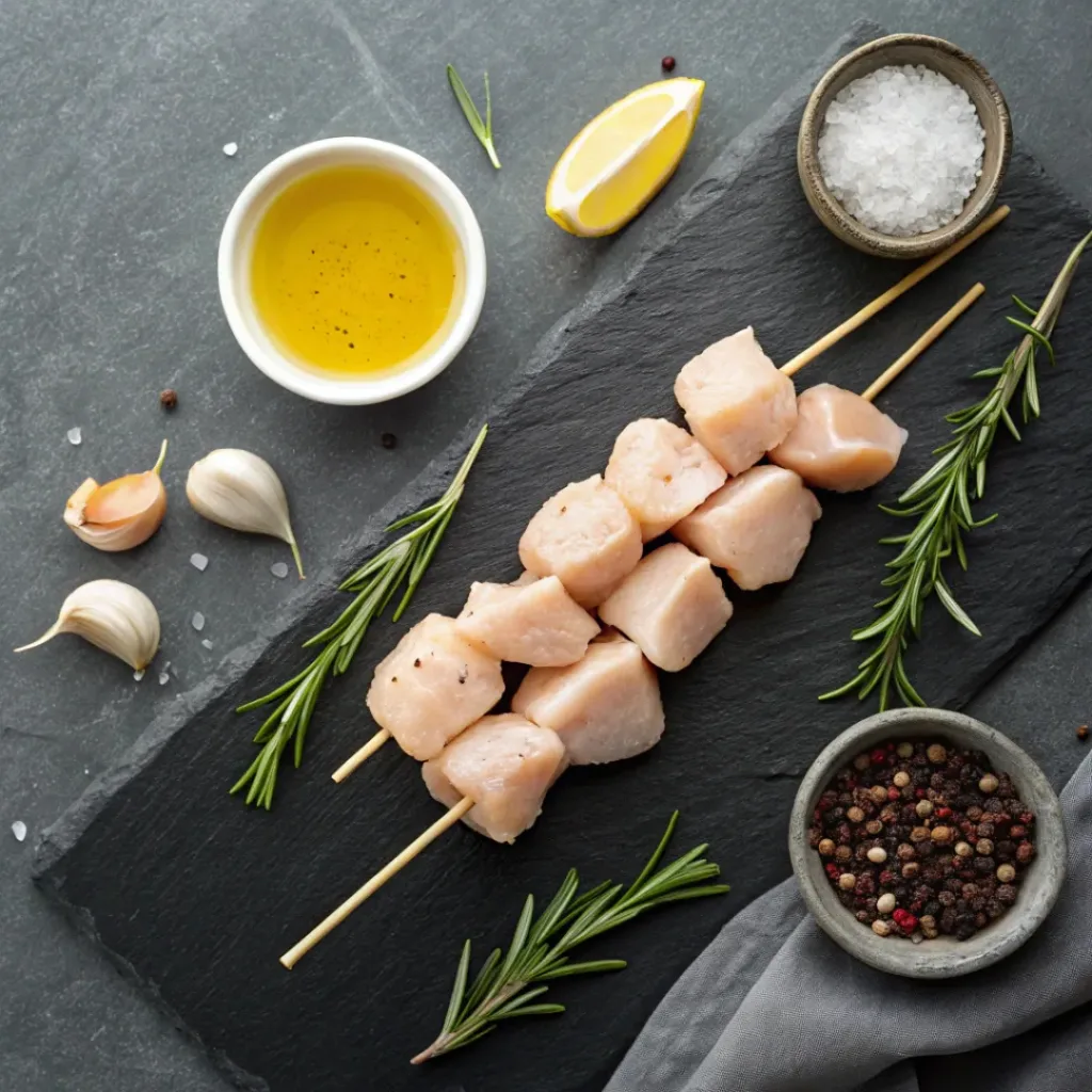 Flat lay of chicken skewer ingredients including chicken, spices, lemon, garlic, and skewers