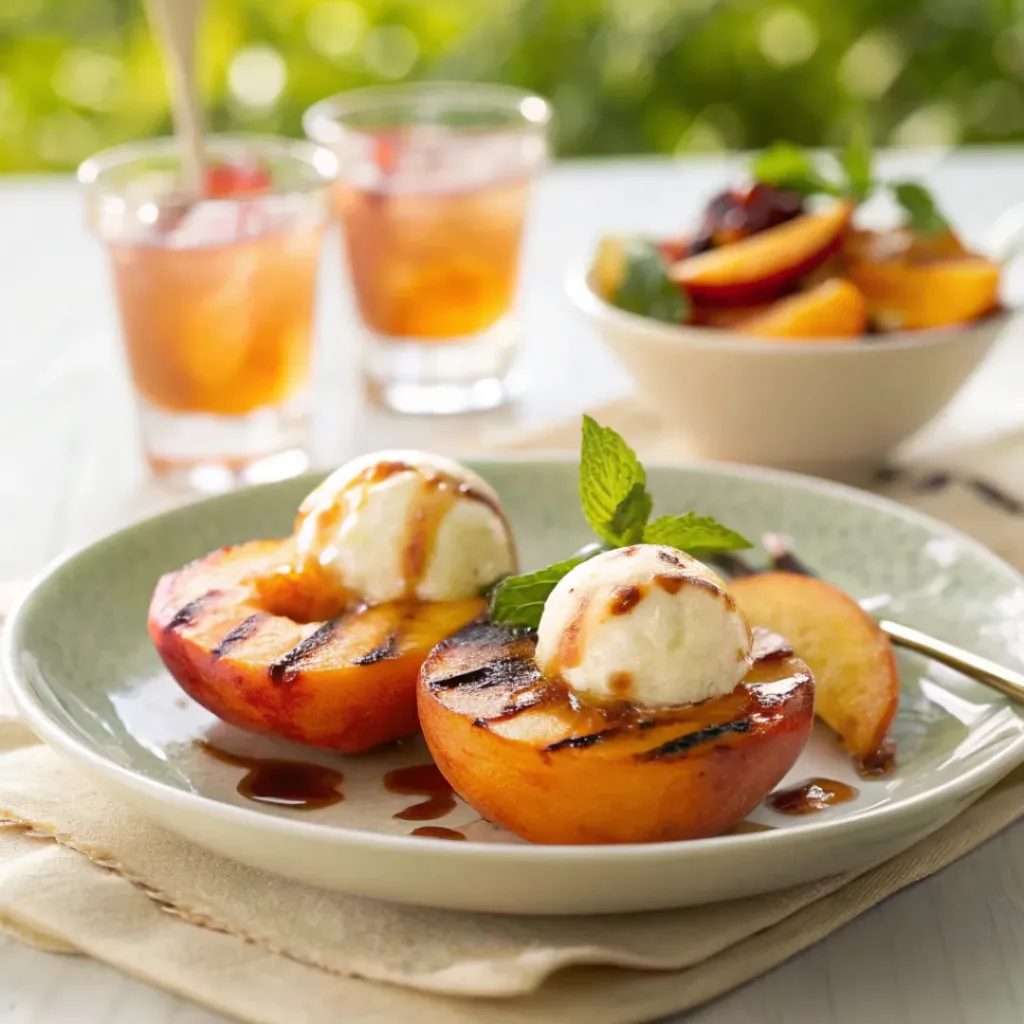 Grilled peaches served with yogurt, honey, and refreshing drink