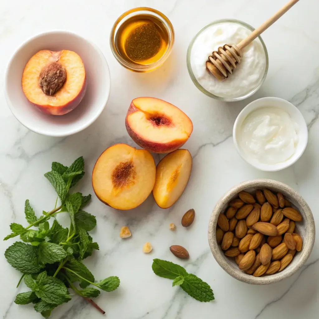 Flat lay of peaches, yogurt, honey, mint, and nuts