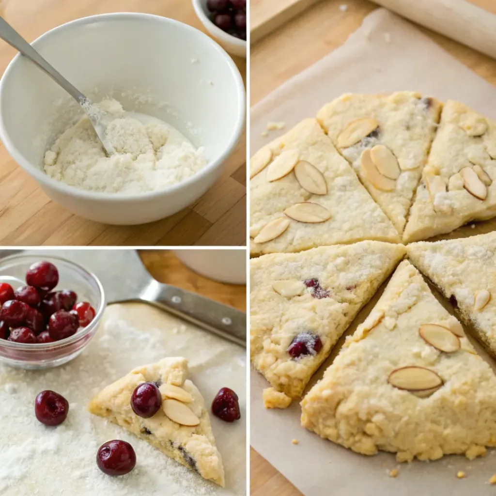 Four step collage showing dough mixing, adding cherries, shaping, and baking scones