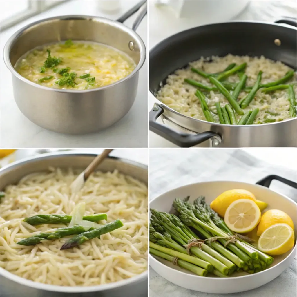 Four step collage showing cooking orzo, sautéing asparagus, mixing, and finishing dish