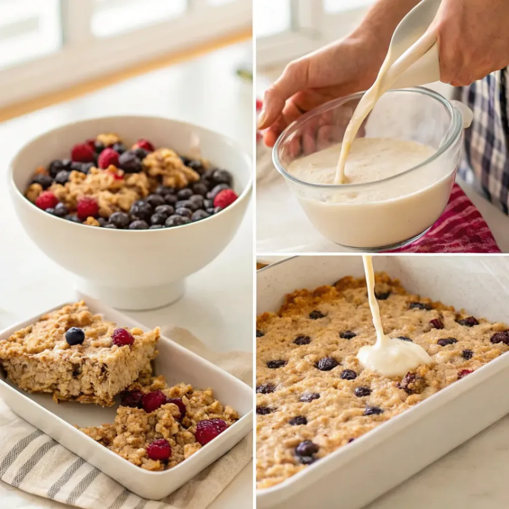 Four step collage showing mixing oats, adding berries, baking preparation, and finished oatmeal