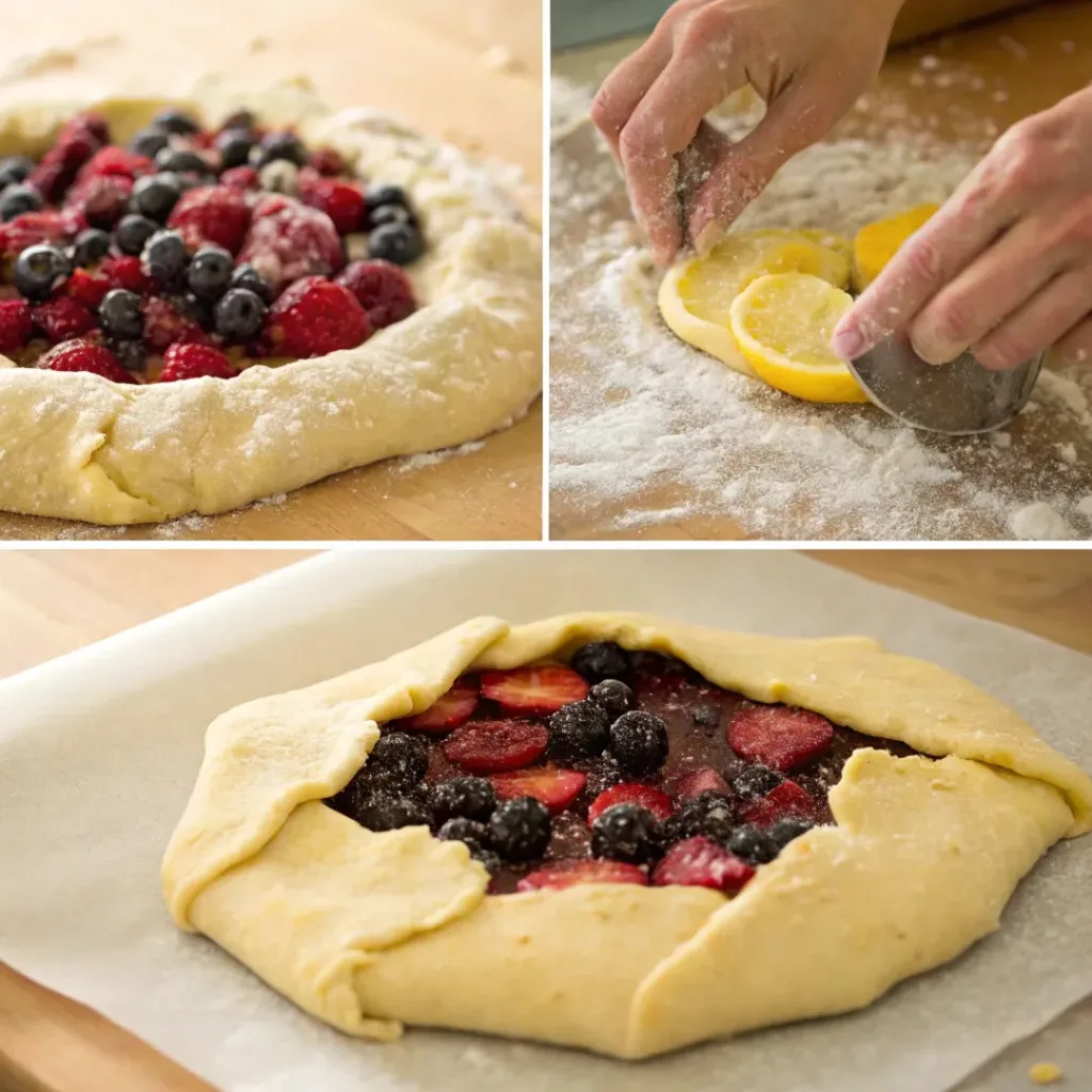 Four step collage showing dough rolling, adding berries, folding crust, and baked galette