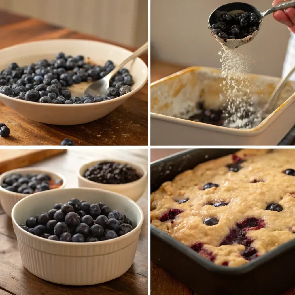 Four step collage showing preparing blueberries, mixing batter, layering, and baking cobbler
