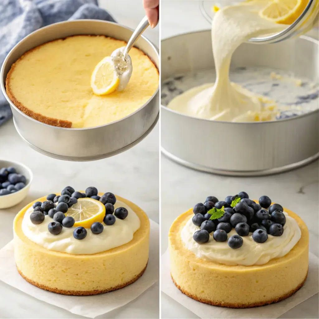 Four step collage showing base, mousse preparation, layering, and blueberry topping