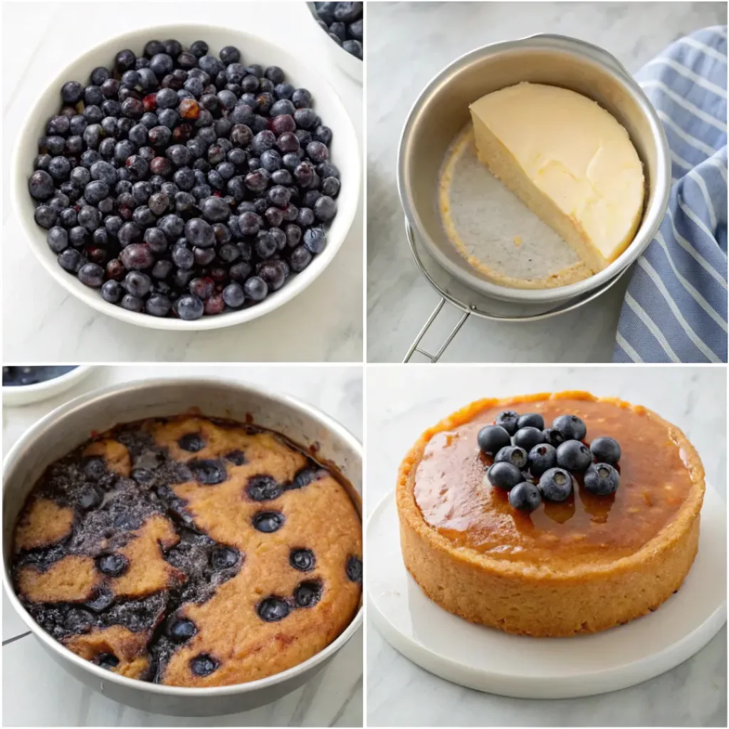 Step-by-step collage showing preparing the blueberry topping, adding the batter, baking, flipping, and serving blueberry upside down cake.