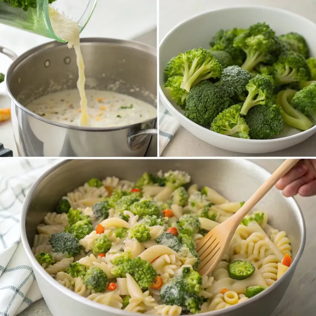 Four step collage showing cooking pasta, blanching broccoli, mixing, and dressing salad