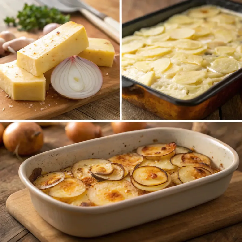 Four step collage showing preparing potatoes, cooking onions, layering, and baking dish