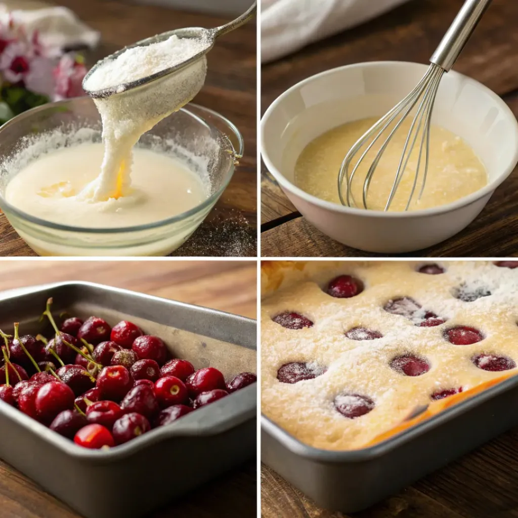 Four step collage showing batter mixing, cherries in dish, pouring batter, and baked clafoutis