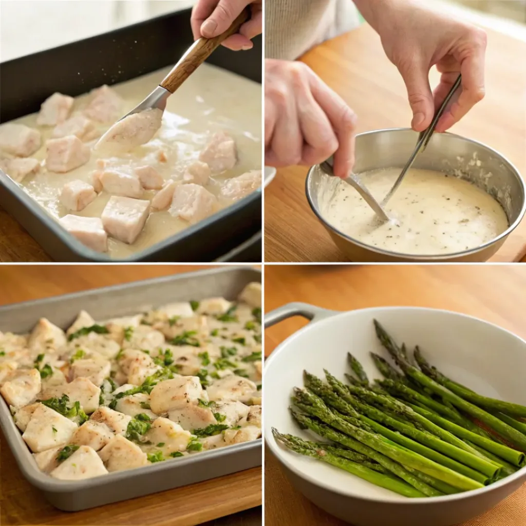 Four step collage showing cutting chicken, cooking, making sauce, and assembling casserole