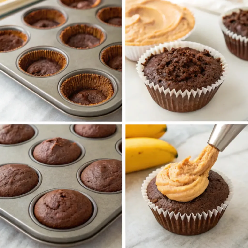 Step-by-step collage showing mashing bananas, mixing chocolate batter, filling cupcake liners, baking, frosting, and serving chocolate banana cupcakes.