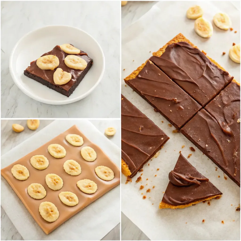Four step collage showing melting chocolate, spreading, adding toppings, and finished bark