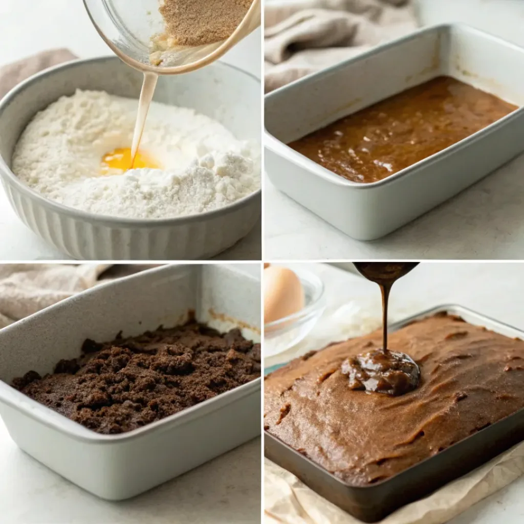 Four step collage showing mixing dry ingredients, adding liquids, batter mixing, and baked cake