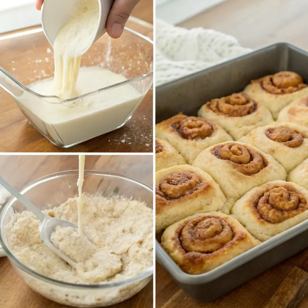 Four step collage showing dough mixing, butter layering, cinnamon swirl, and baked biscuits