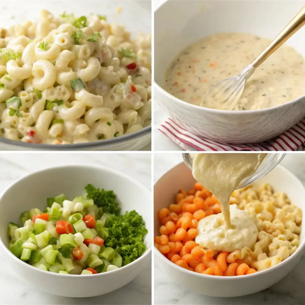 Four step collage showing cooking pasta, chopping vegetables, mixing dressing, and combining salad
