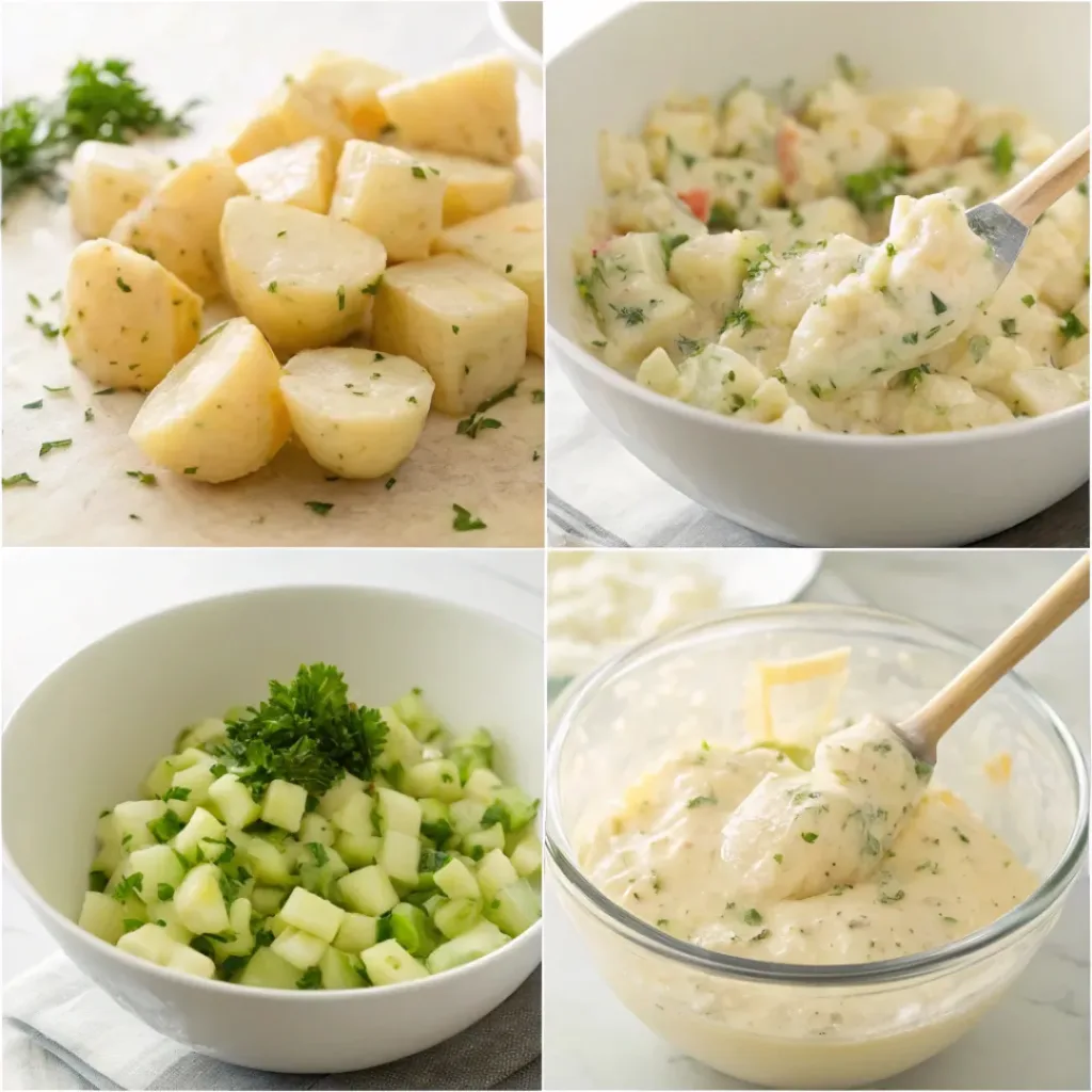 Four step collage showing boiling potatoes, chopping, mixing dressing, and combining salad