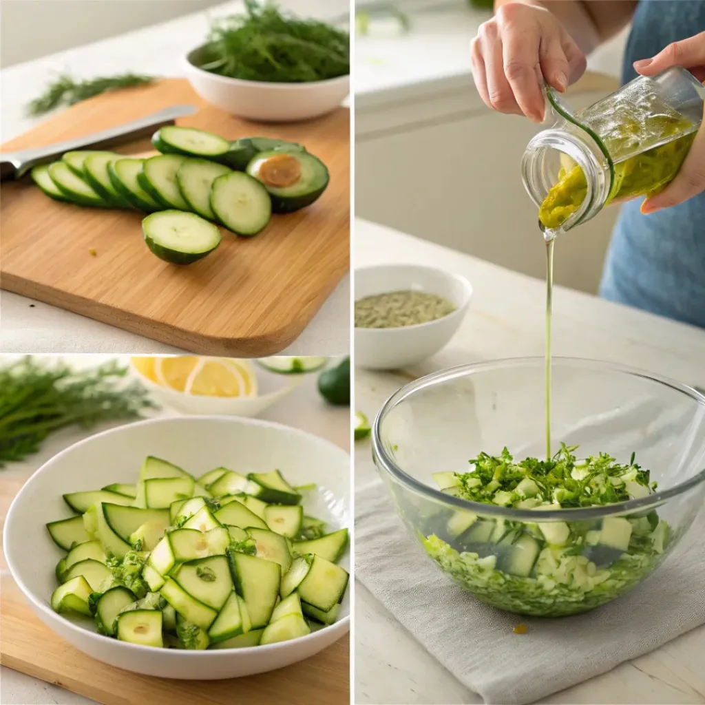 Four step collage showing slicing, mixing, dressing, and tossing salad