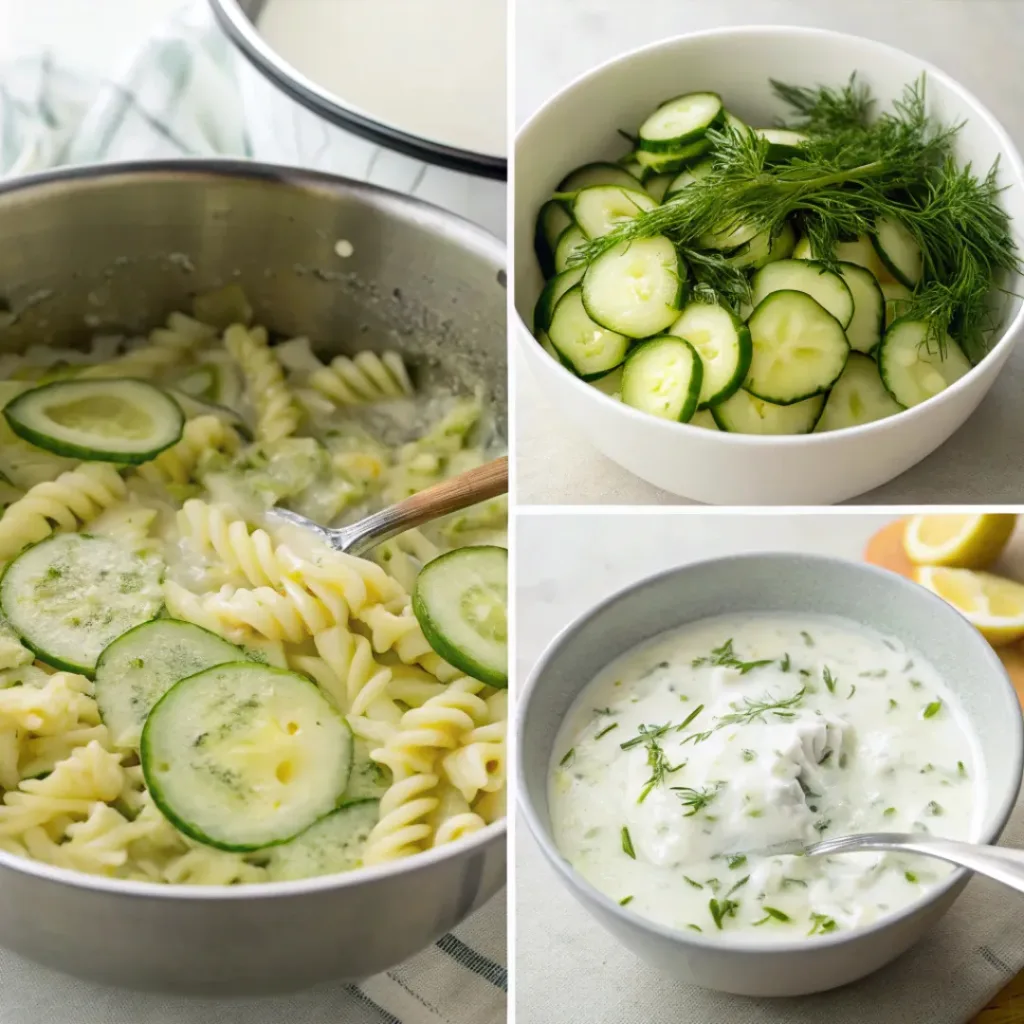 Four step collage showing cooking pasta, slicing cucumbers, mixing dressing, and combining salad