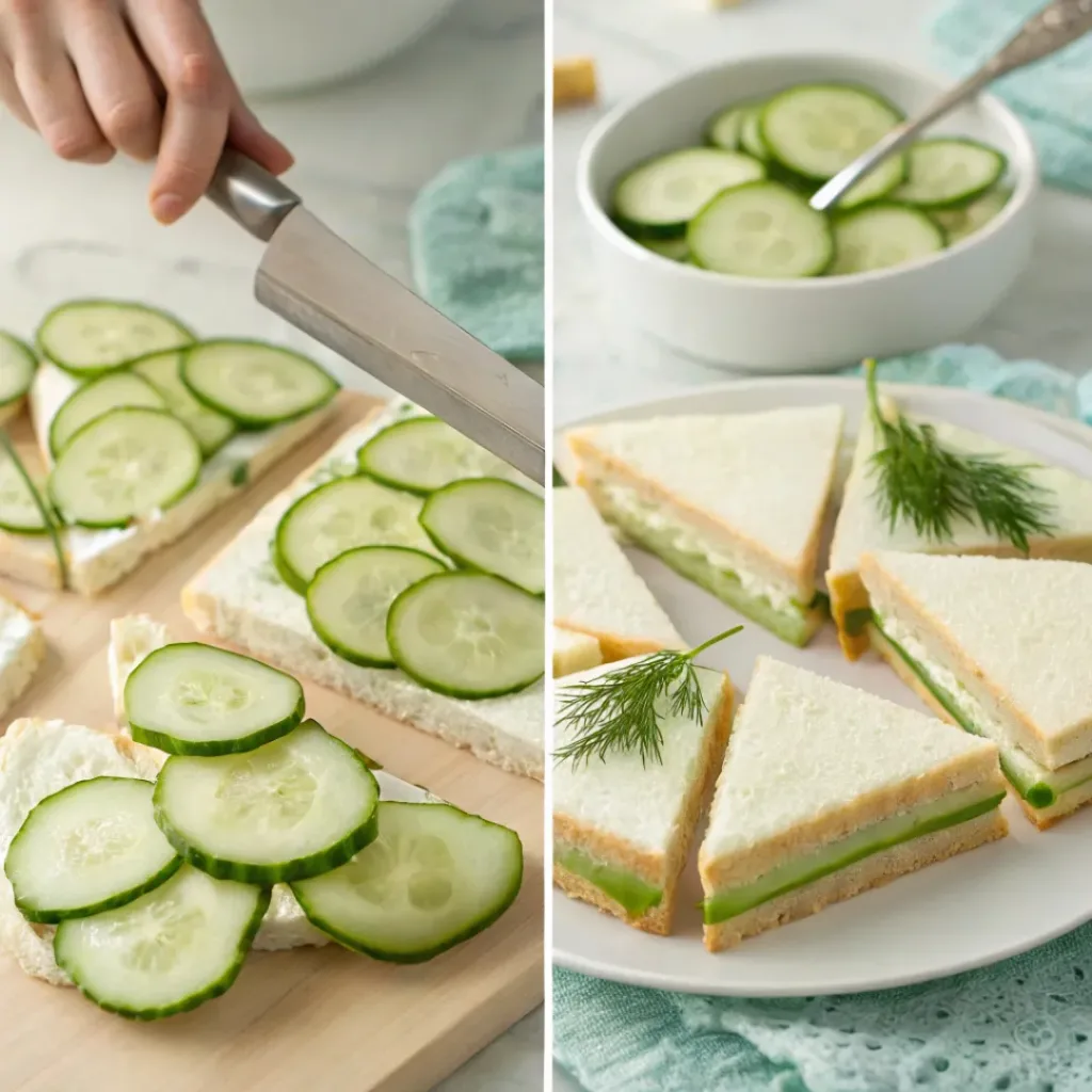 Four step collage showing slicing cucumbers, spreading cream cheese, assembling, and cutting sandwiches