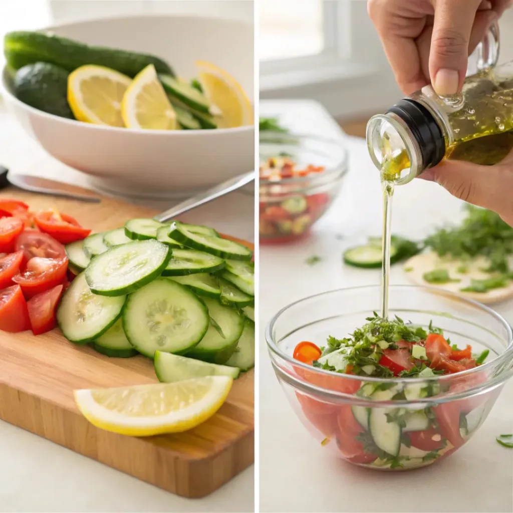 Four step collage showing slicing vegetables, mixing, dressing, and tossing salad