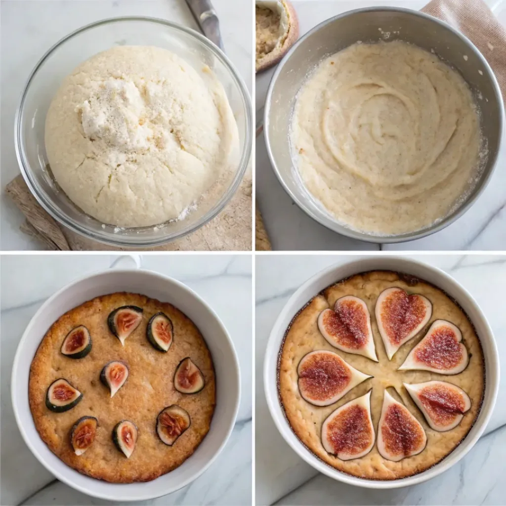Fig almond honey cake - Naturally Sweet and Moist Autumn Dessert 7 Step-by-step collage showing mixing the batter, arranging figs, sprinkling almonds, baking, glazing with honey, and serving fig almond honey cake.