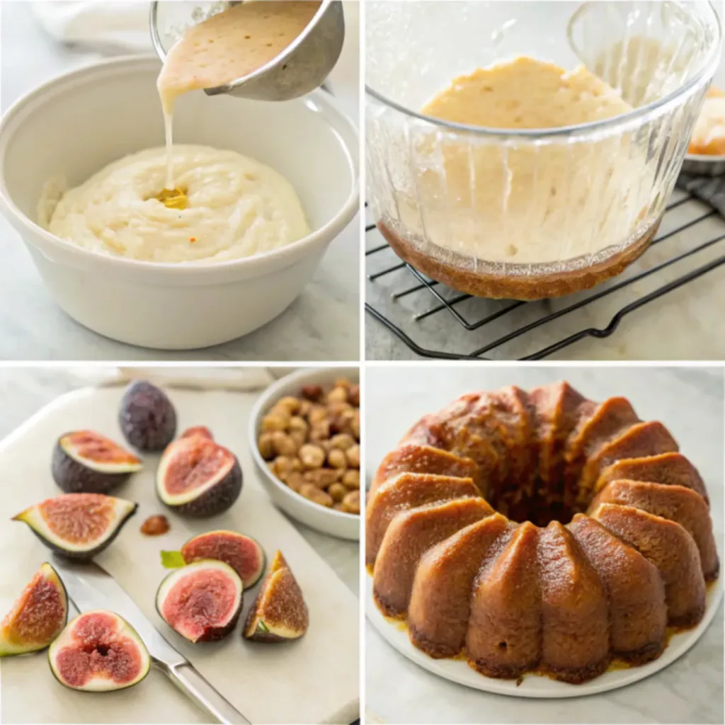 Fig Honey Bundt Cake - Moist and Spiced Autumn Centerpiece Dessert 6 Step-by-step collage showing mixing the batter, folding in figs, filling the Bundt pan, baking, glazing, and serving fig honey Bundt cake.