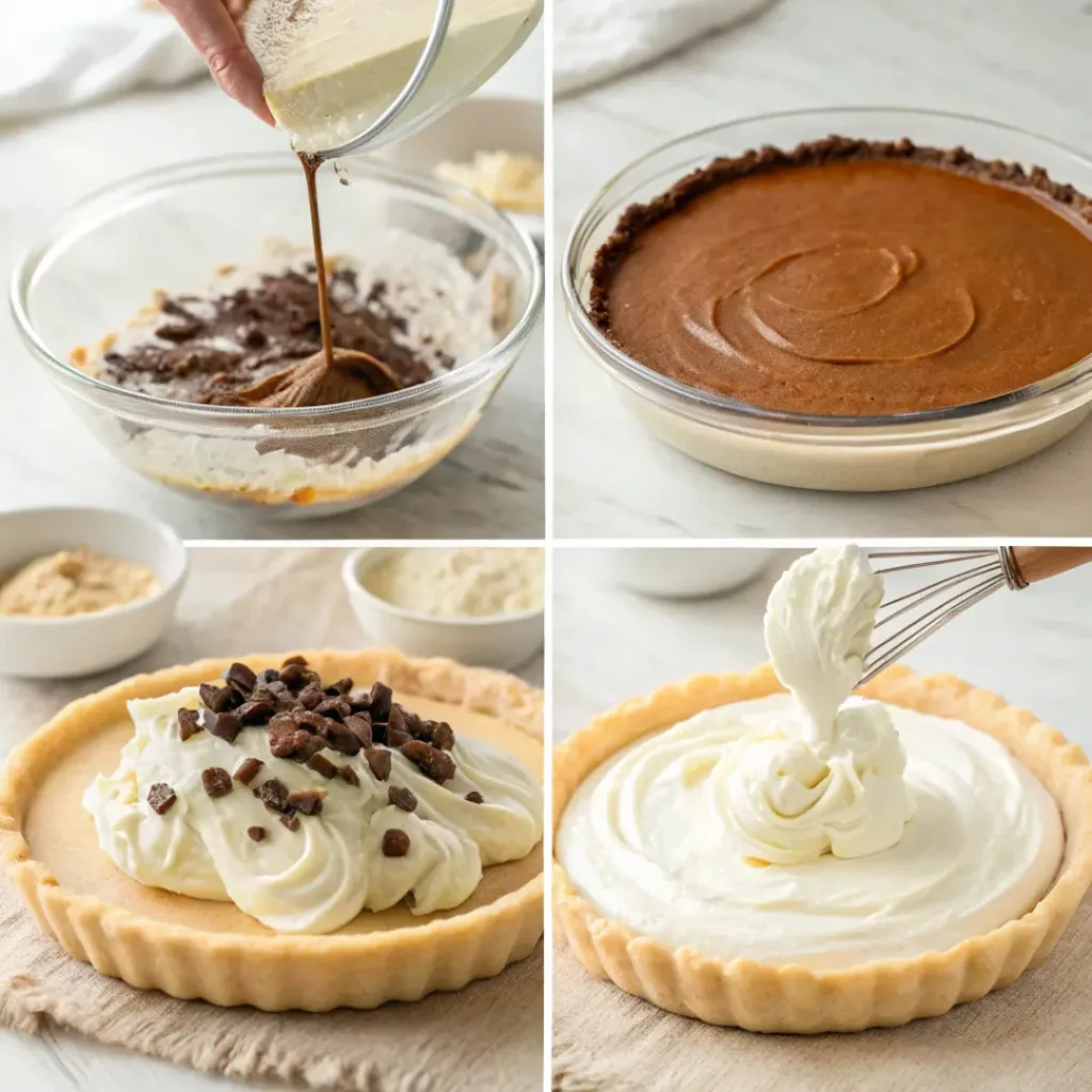 Four step collage showing mixing filling, whipping cream, assembling, and topping pie