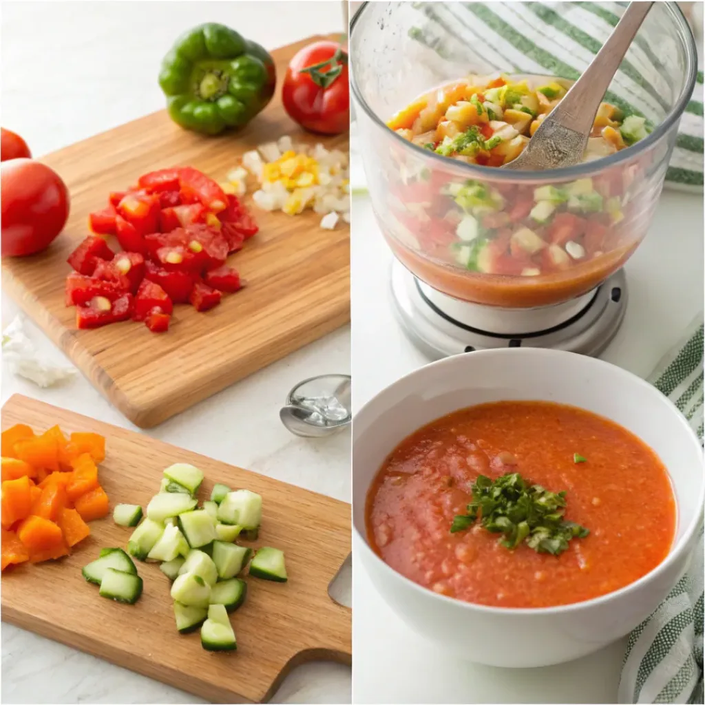 Four step collage showing chopping vegetables, blending, chilling, and serving soup