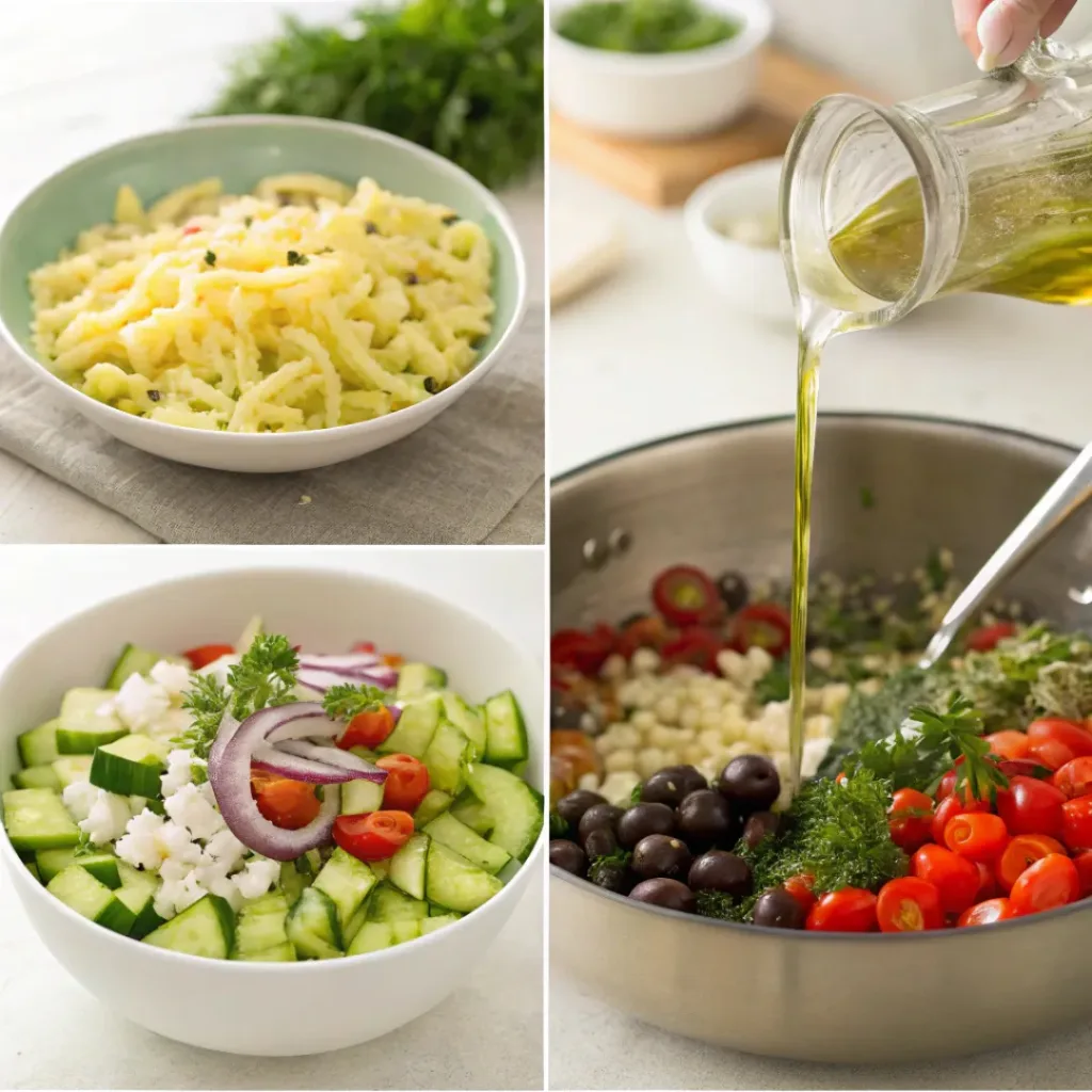 Four step collage showing cooking pasta, chopping vegetables, mixing, and dressing salad