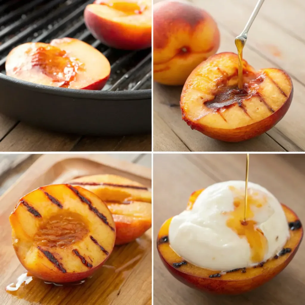 Four step collage showing cutting peaches, grilling, caramelizing, and topping with yogurt