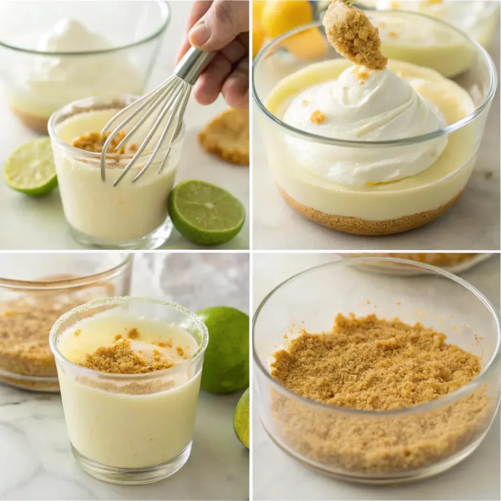 Key Lime Pie Cups – Creamy, Tangy No-Bake Mini Desserts 7 Four step collage showing crust mixing, filling preparation, layering, and decorating cups