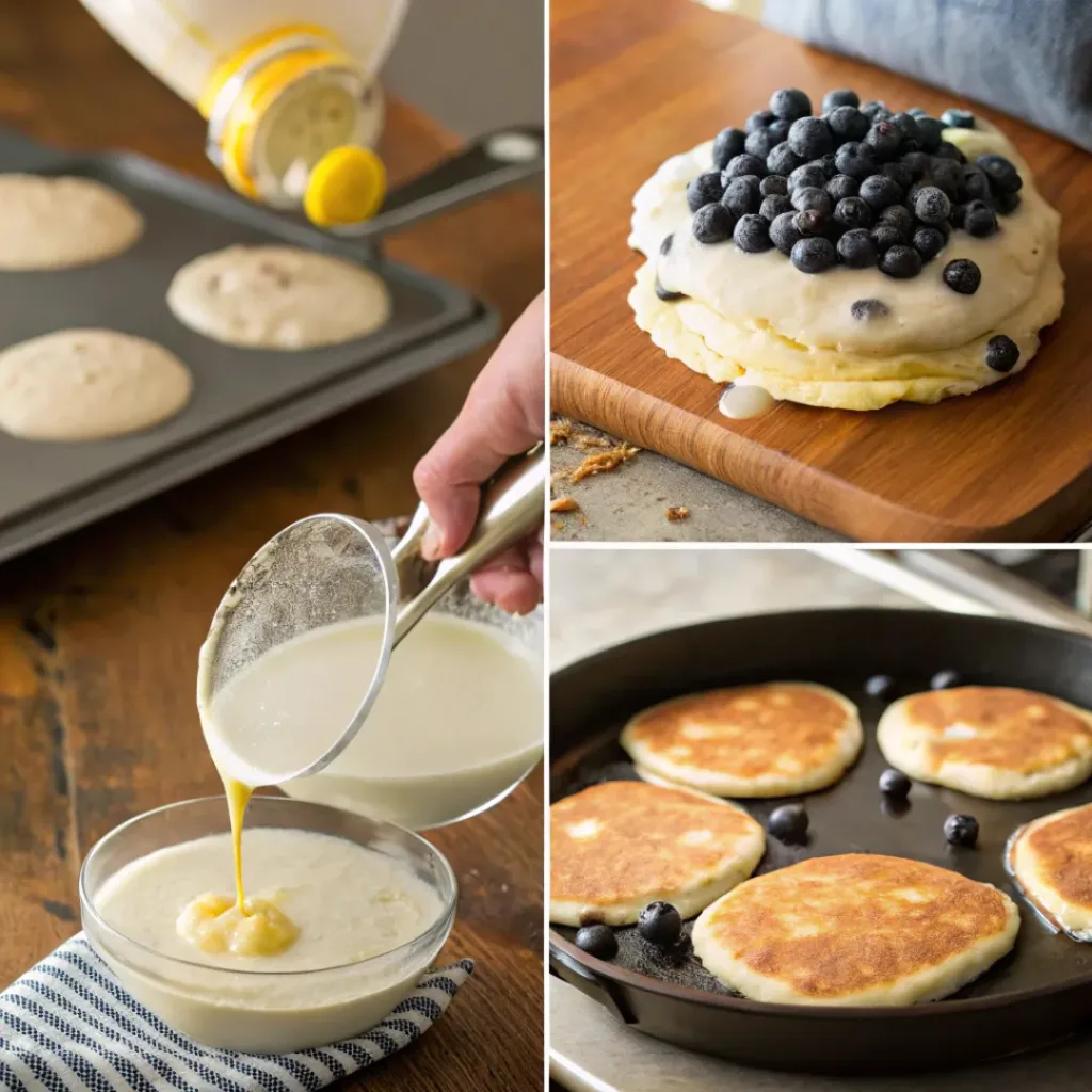 Four step collage showing mixing batter, adding blueberries, cooking pancakes, and stacking