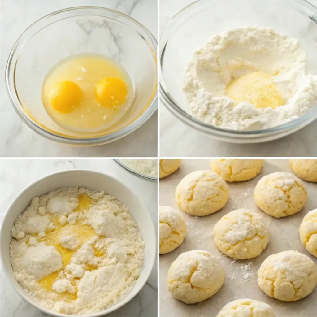 Lemon Crinkle Cookies - Pillowy Soft and Zesty Citrus Treats 7 Step-by-step collage showing mixing the dough, rolling in powdered sugar, baking, and cooling lemon crinkle cookies.