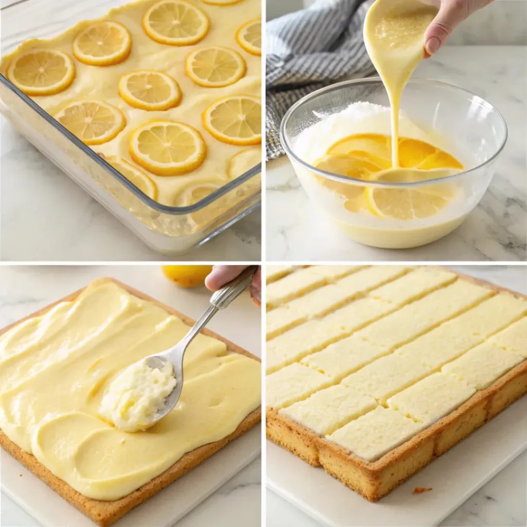 Lemon Éclair Cake – No-Bake Creamy Lemon Dessert 7 Four step collage showing layering, mixing cream, assembling, and finishing dessert